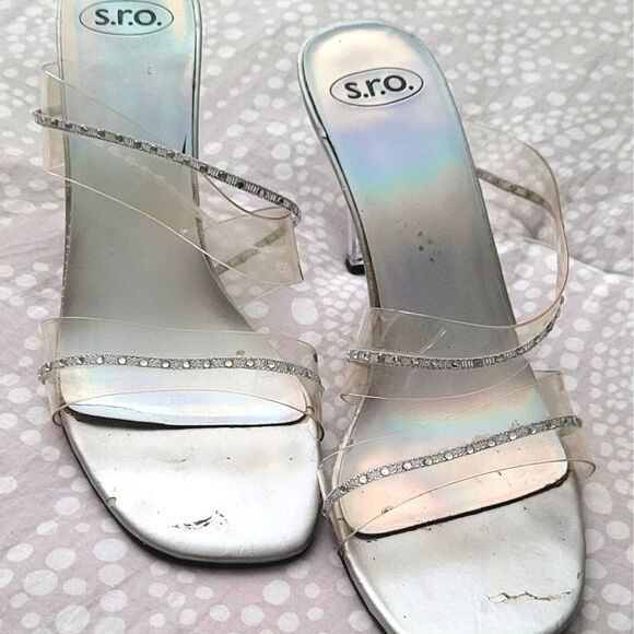 Silver Heels With Clear Rhinestone Straps and Clear Heels S.R.O.  Slip-on Heels - Picture 1 of 9